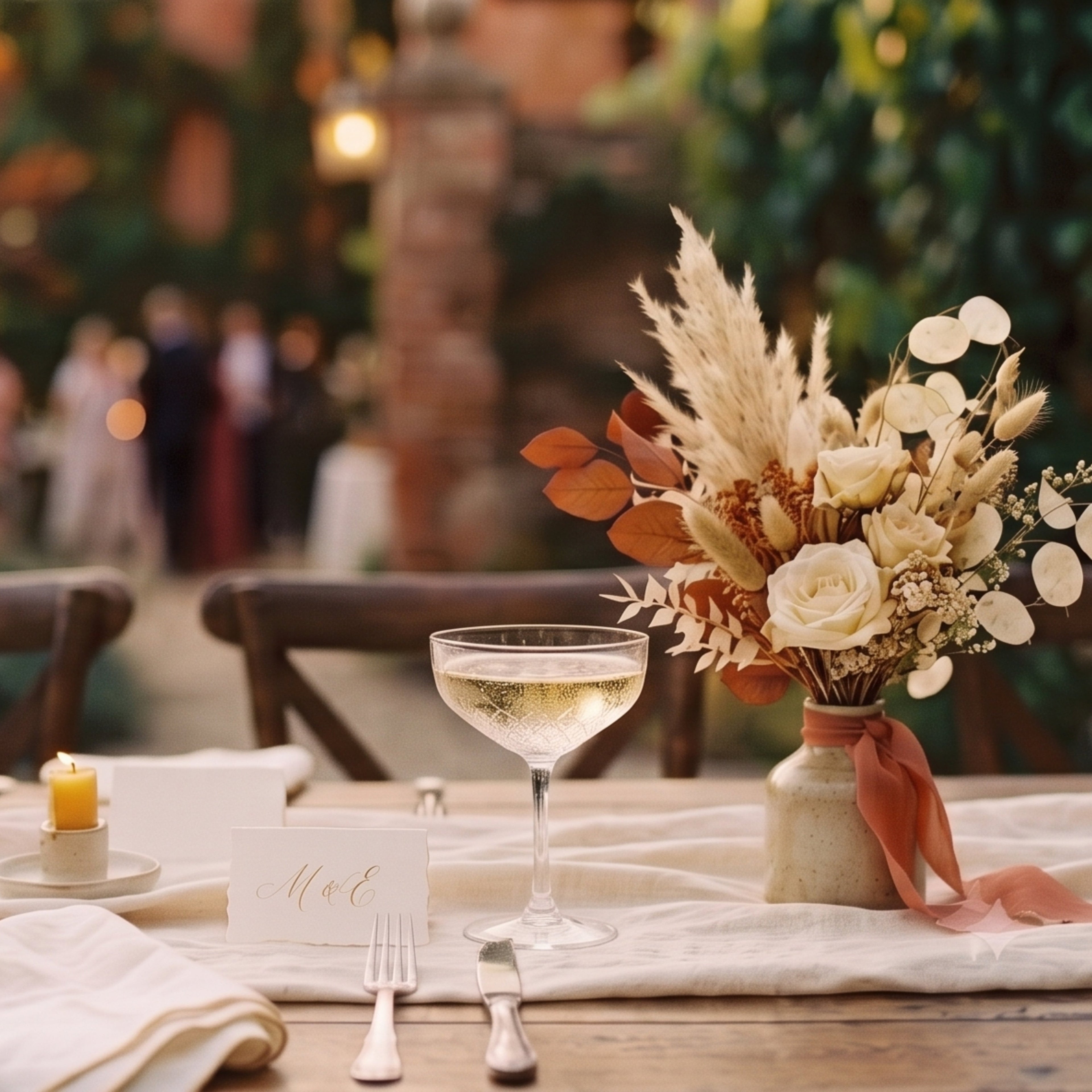 Mesa de boda al atardecer con copa de champán y flores secas en tonos crema y terracota, ambiente de joyas de invitada AMANAI