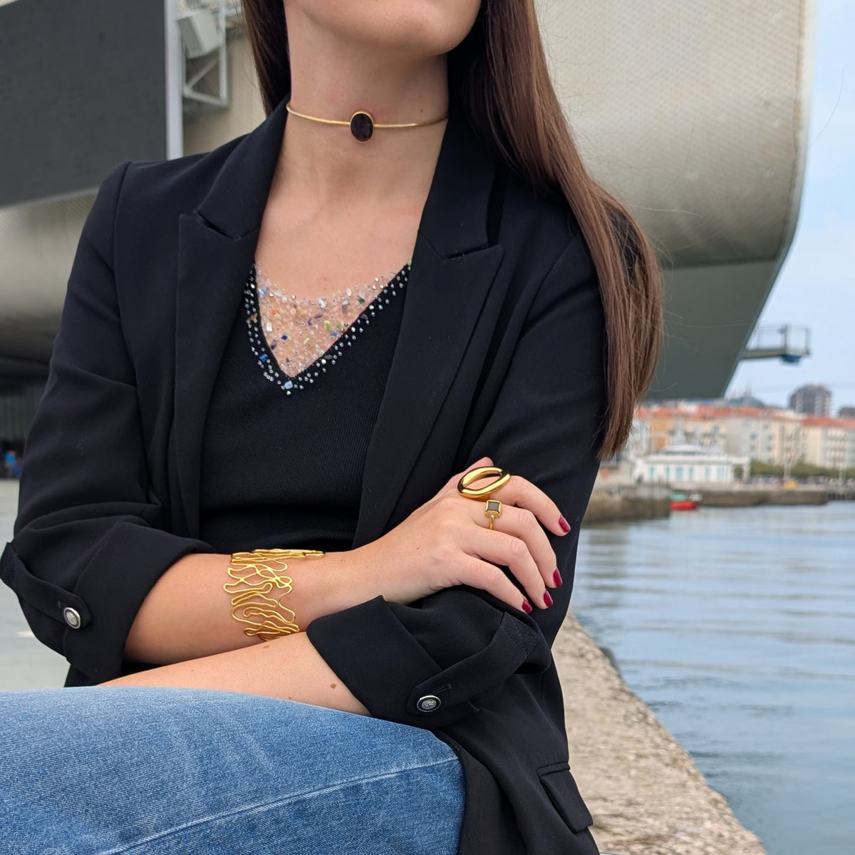Anillo Moon - anillo dorado ovalado ajustable de acero inoxidable